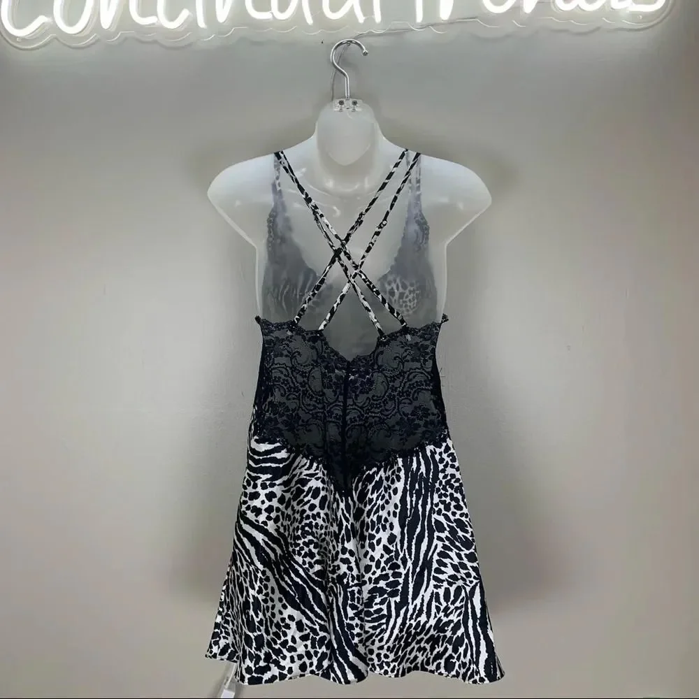 Vintage Victoria’s Secret zebra animal black lace slip dress lingerie Small
